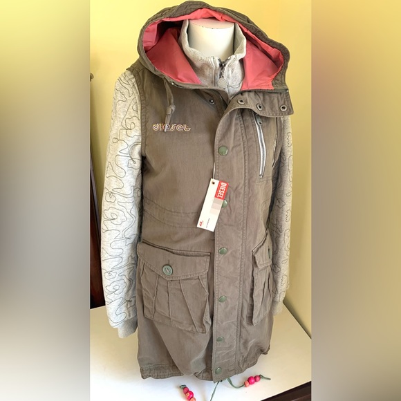 Diesel long khaki cotton cargo hooded winter vest windbreaker jacket hoodie coat - Picture 1 of 16
